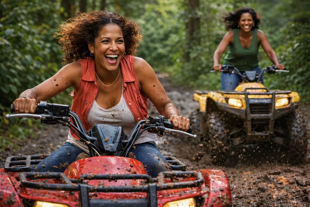 Two friends laughing as they ride ATVs along a muddy forest trail