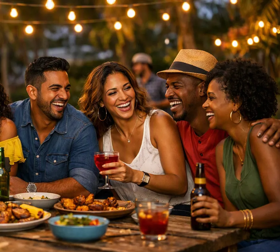 Four friends laughing together at an evening lime