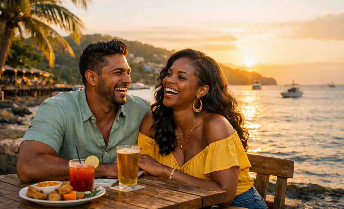 A couple laughing together at a seaside table at sunset