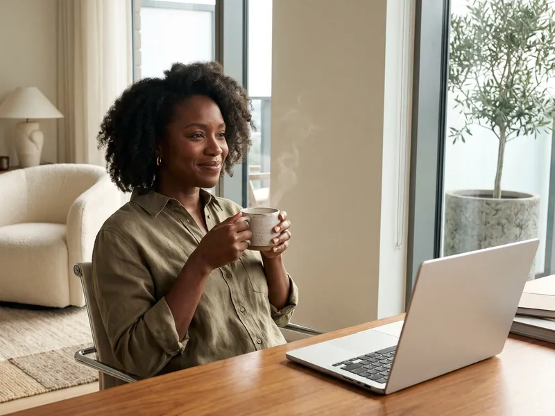 A woman smiling with a cup of coffee at her laptop
