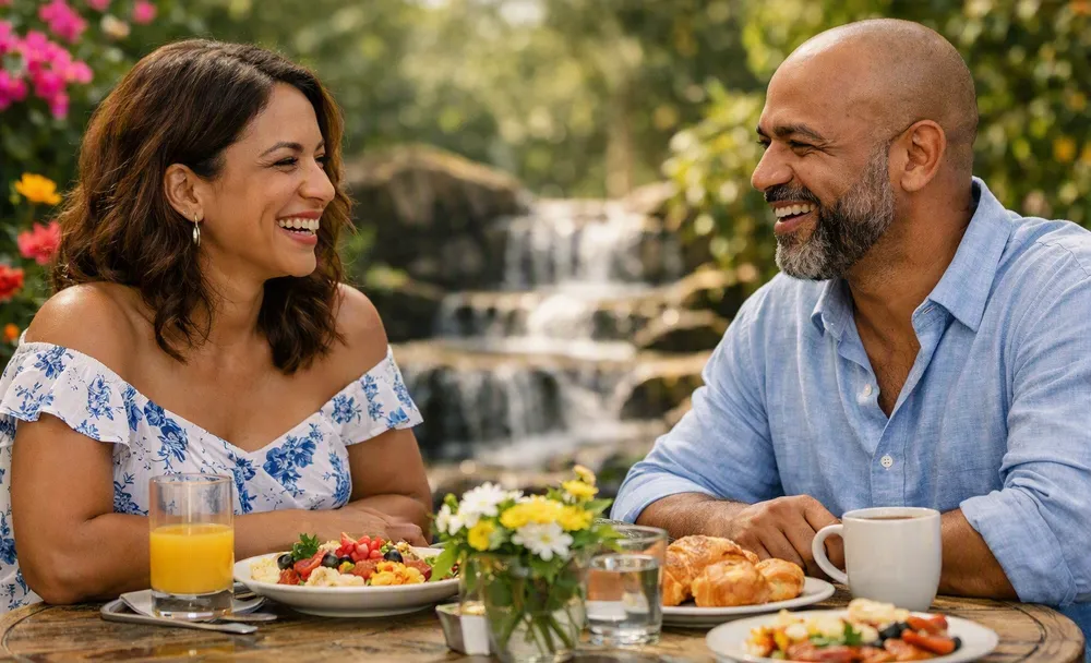 A couple laughing together at a garden table by a waterfall