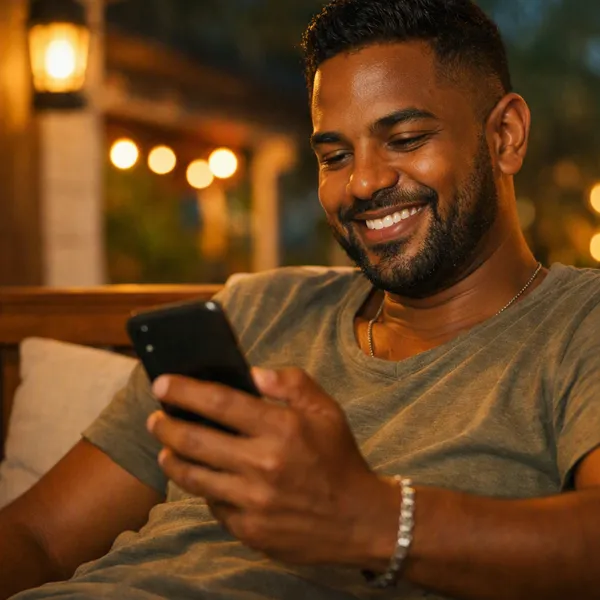A man smiling at his phone